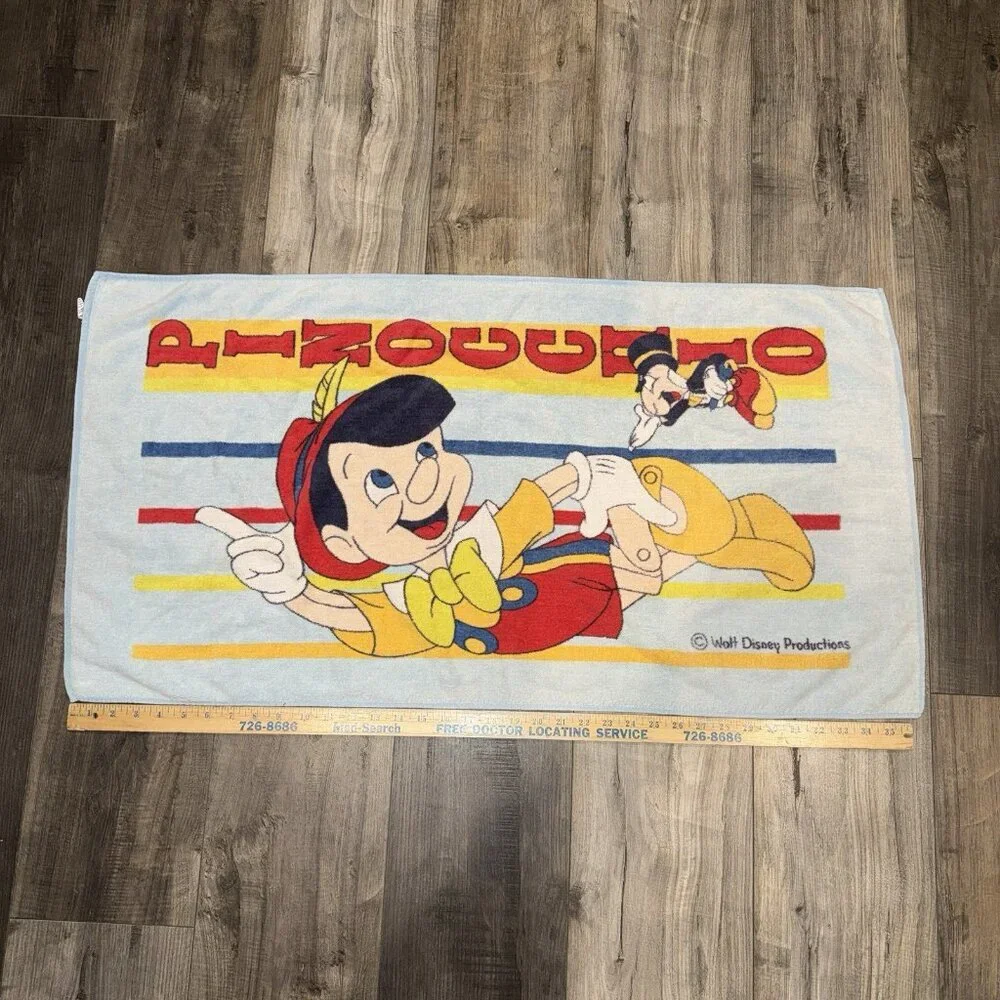 Vintage Disney‎ Pinocchio & Jiminy Cricket Beach Towel Franco USA
